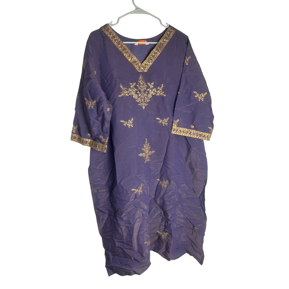 Indo Era Purple Embroidered Kaftan Kurta & Pants 2-Piece Set - Size 4XL